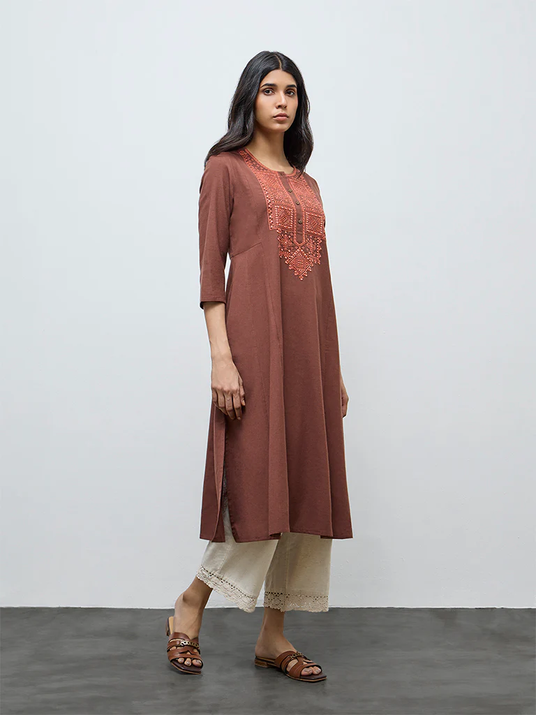 Utsa Brown Embroidered Cotton-Blend A-Line Kurta - Image 2