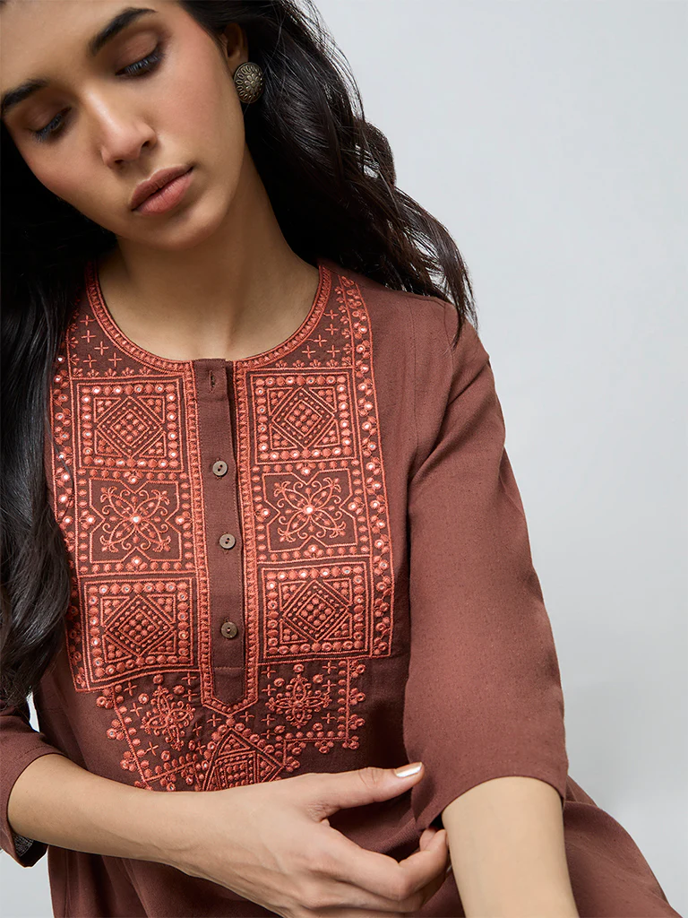 Utsa Brown Embroidered Cotton-Blend A-Line Kurta - Image 3