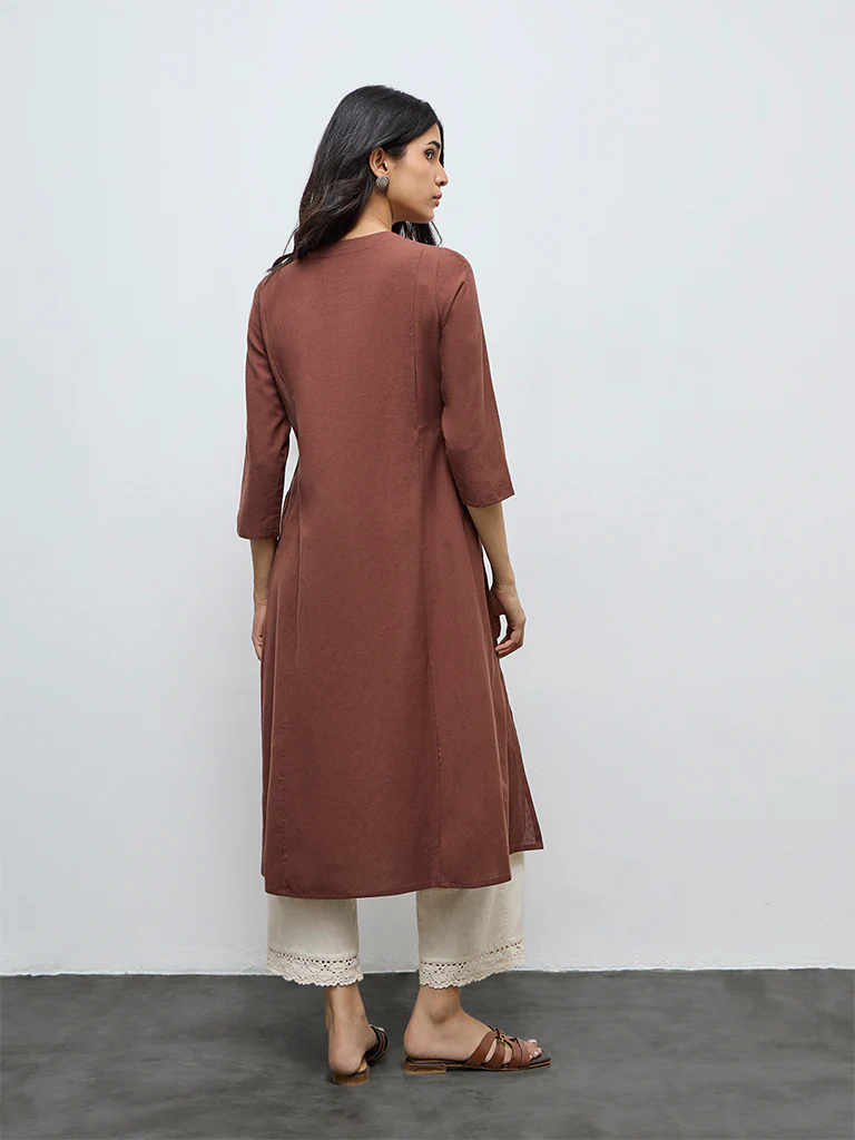 Utsa Brown Embroidered Cotton-Blend A-Line Kurta - Image 4