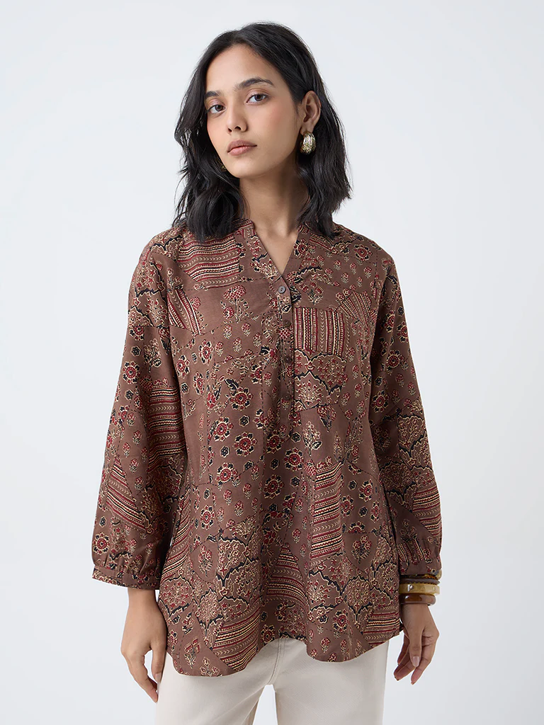 Utsa Brown Floral Design Tunic - Image 2