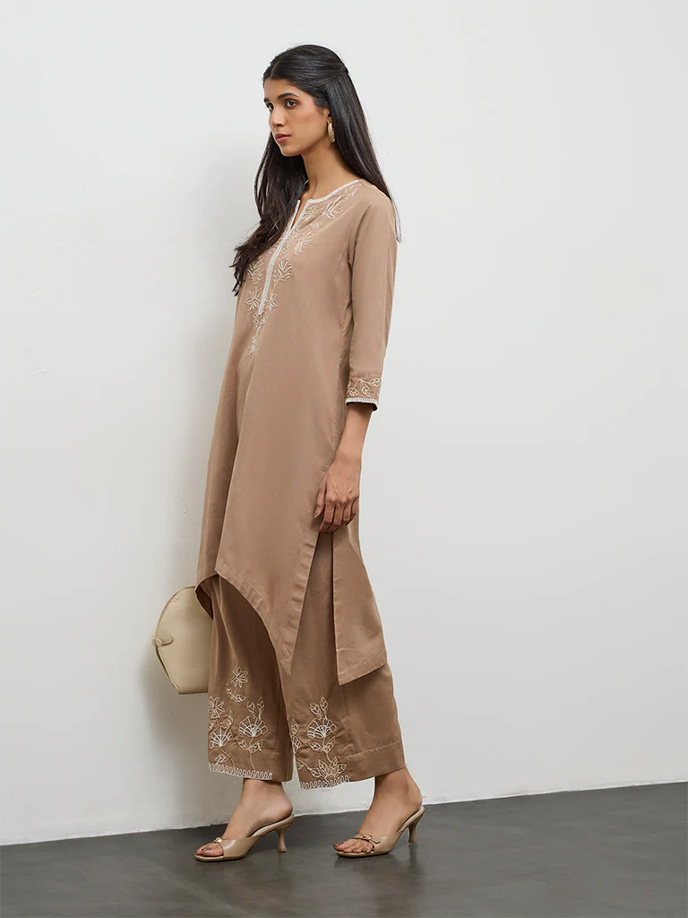 Utsa Brown Floral Embroidered Cotton A-Line Kurta - Image 2