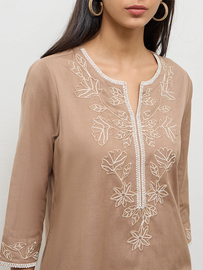 Utsa Brown Floral Embroidered Cotton A-Line Kurta - Image 3