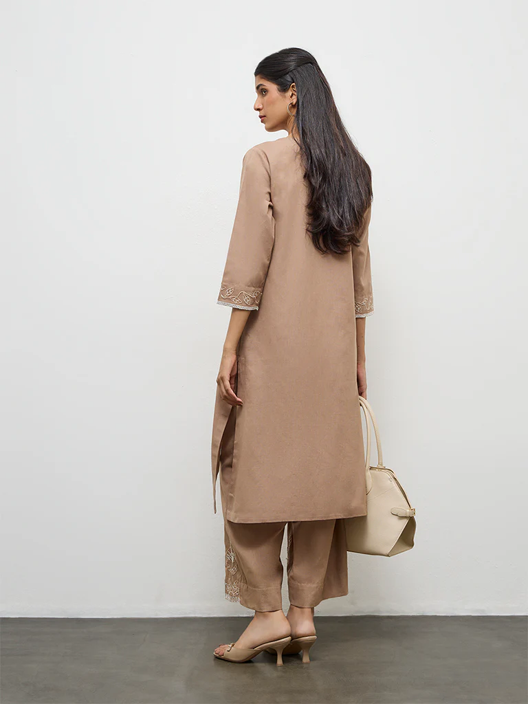 Utsa Brown Floral Embroidered Cotton A-Line Kurta - Image 4