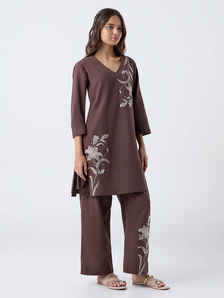 Utsa Brown Floral Embroidered Cotton-Blend A-Line Kurta