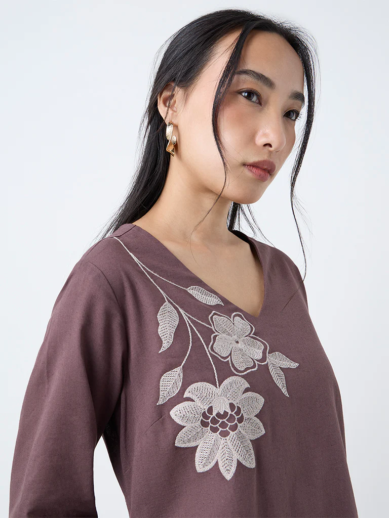 Utsa Brown Floral Embroidered Cotton-Blend A-Line Kurta - Image 3