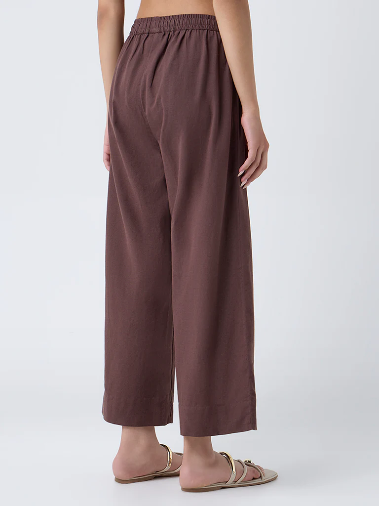 Utsa Brown Floral Embroidered Cotton-Blend Pants - Image 4