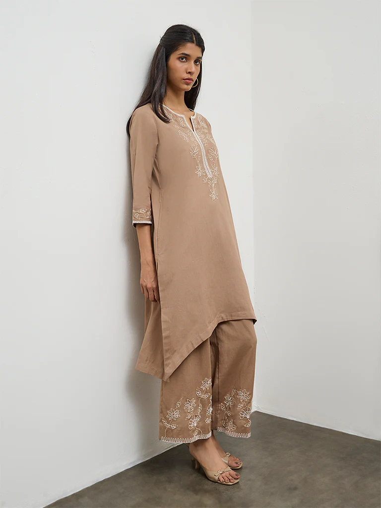 Utsa Brown Floral Embroidered Cotton Pants - Image 2