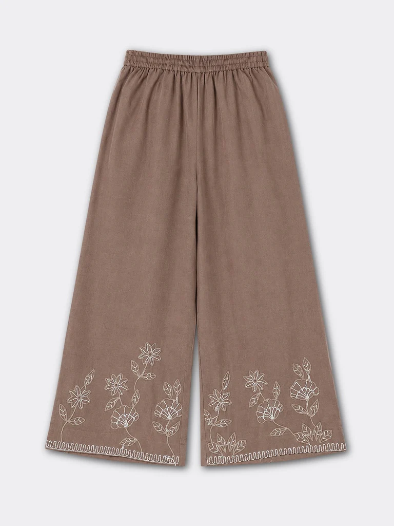 Utsa Brown Floral Embroidered Cotton Pants - Image 5