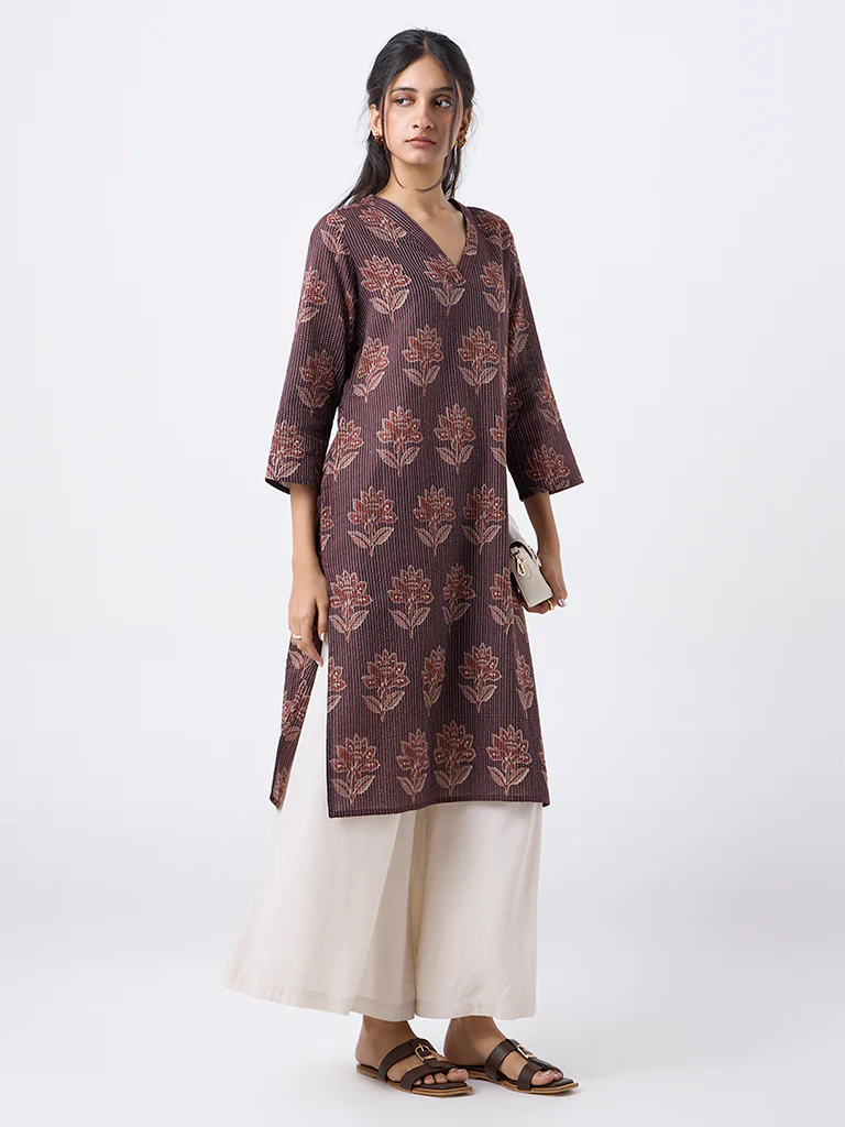 Utsa Brown Floral Pattern Cotton-Blend Straight Kurta - Image 2