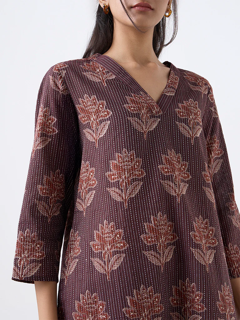 Utsa Brown Floral Pattern Cotton-Blend Straight Kurta - Image 3