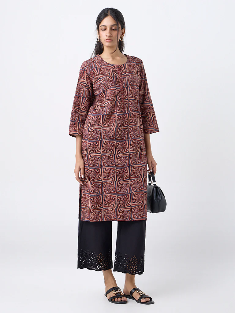 Utsa Brown Printed Cotton Straight Kurta