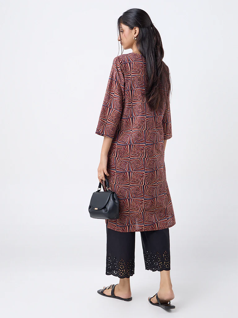 Utsa Brown Printed Cotton Straight Kurta - Image 4