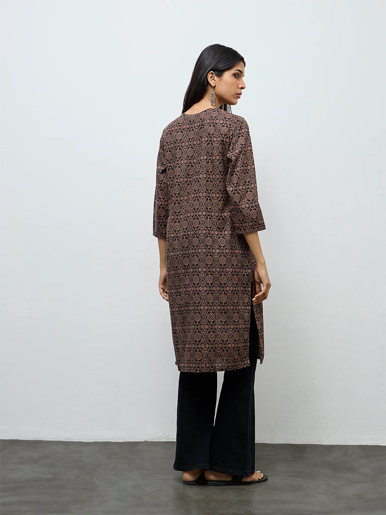 Utsa Brown Printed Cotton Straight Kurta - Image 4