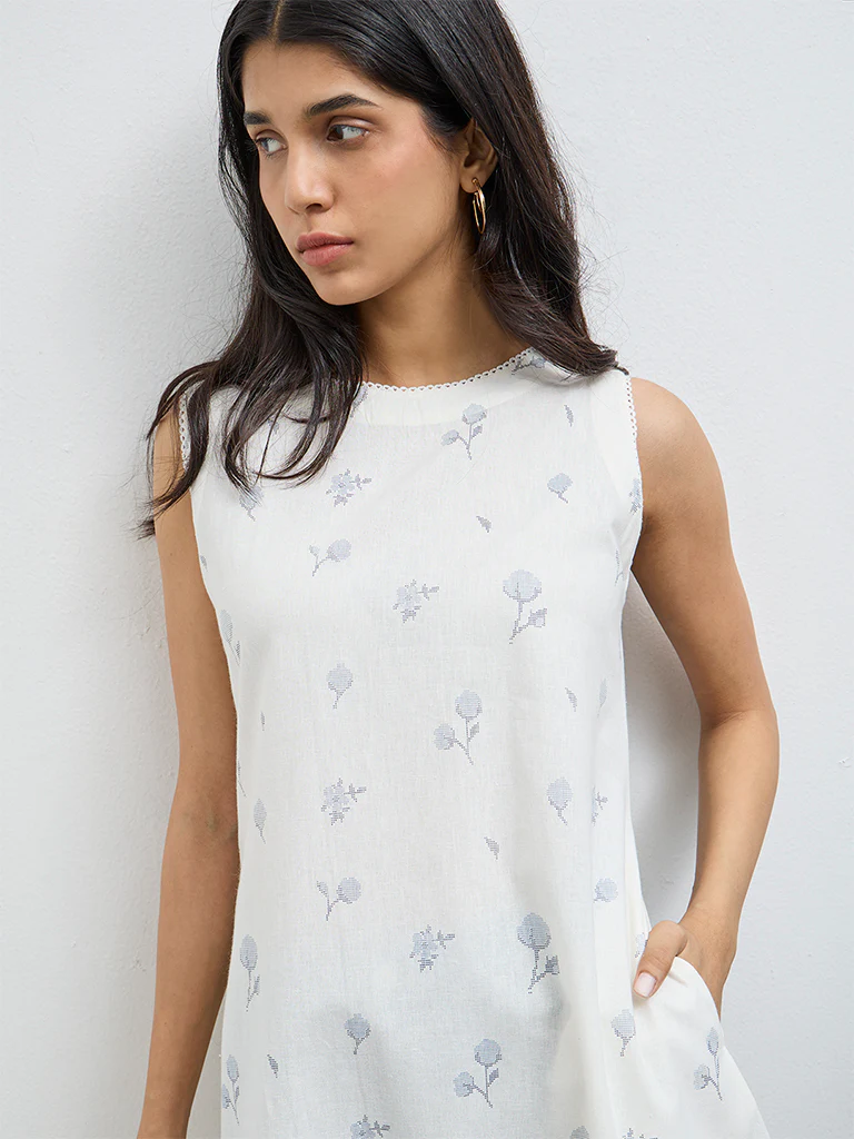 Utsa White Floral Cotton-Blend A-Line Kurta - Image 3