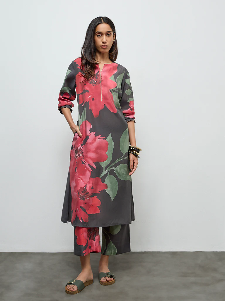 Utsa Charcoal Floral Detailed A-Line Kurta - Image 2