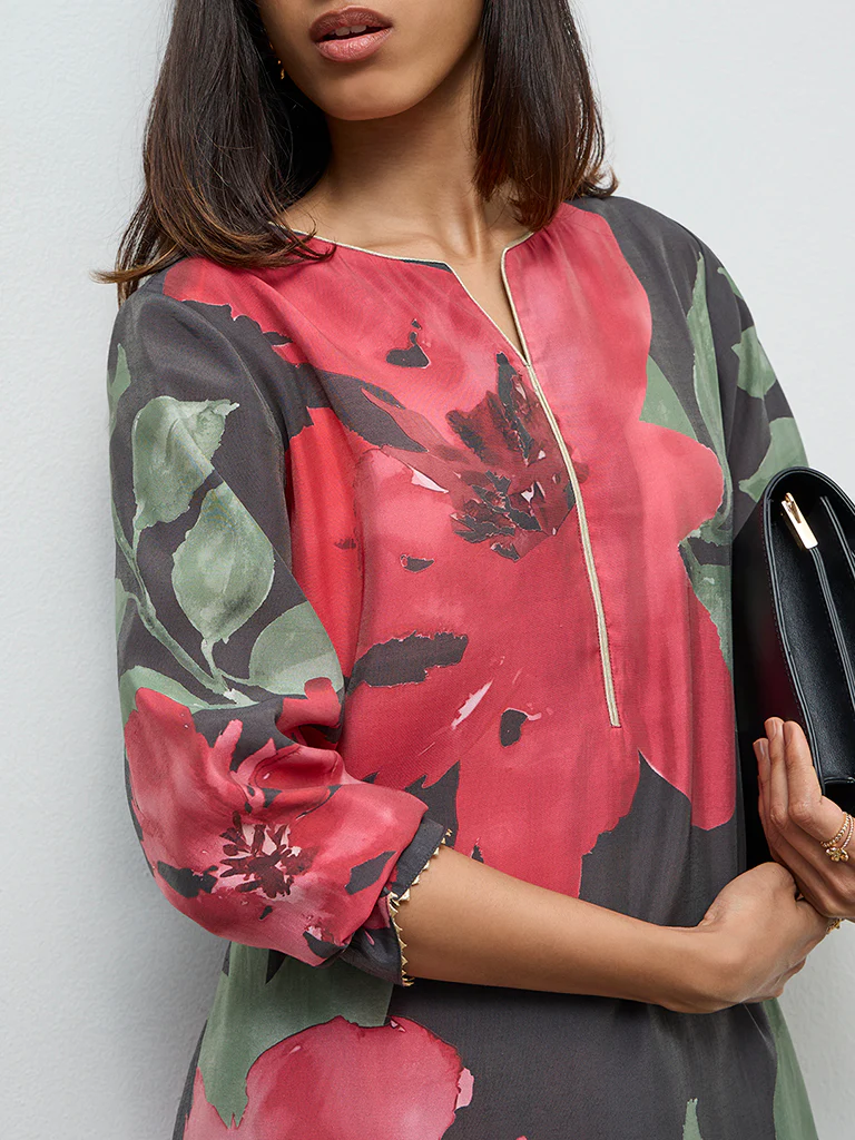 Utsa Charcoal Floral Detailed A-Line Kurta - Image 3