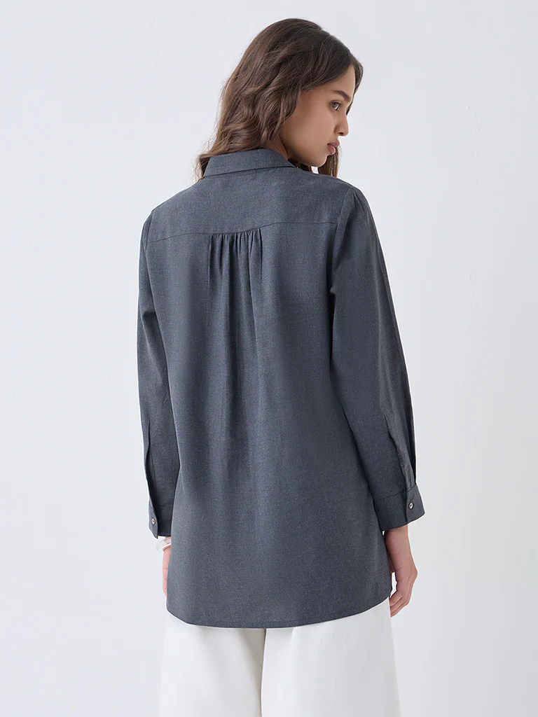 Utsa Charcoal Floral Embroidered Cotton Tunic - Image 4