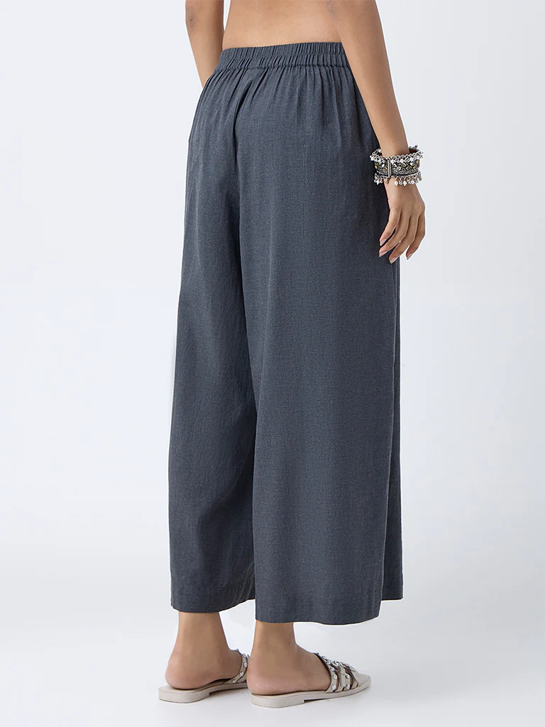 Utsa Charcoal Solid Cotton Palazzos - Image 4