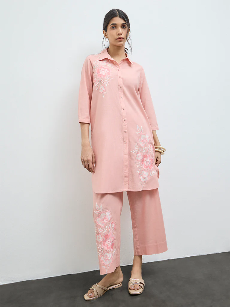Utsa Coral Floral Embroidered Cotton Pants - Image 2