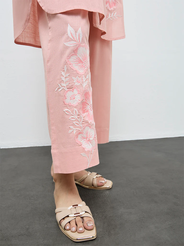Utsa Coral Floral Embroidered Cotton Pants - Image 3