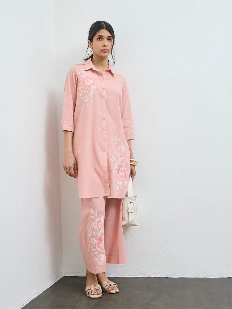 Utsa Coral Floral Embroidered Cotton Tunic - Image 2