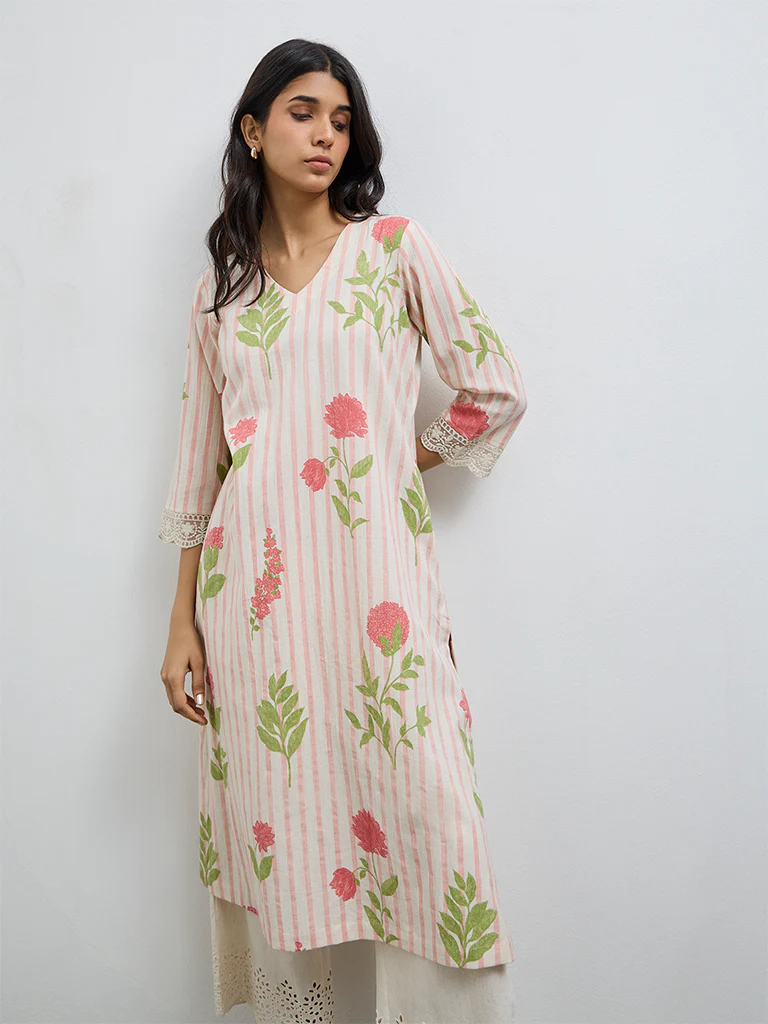 Utsa Coral Floral Pattern Cotton-Blend A-Line Kurta - Image 2