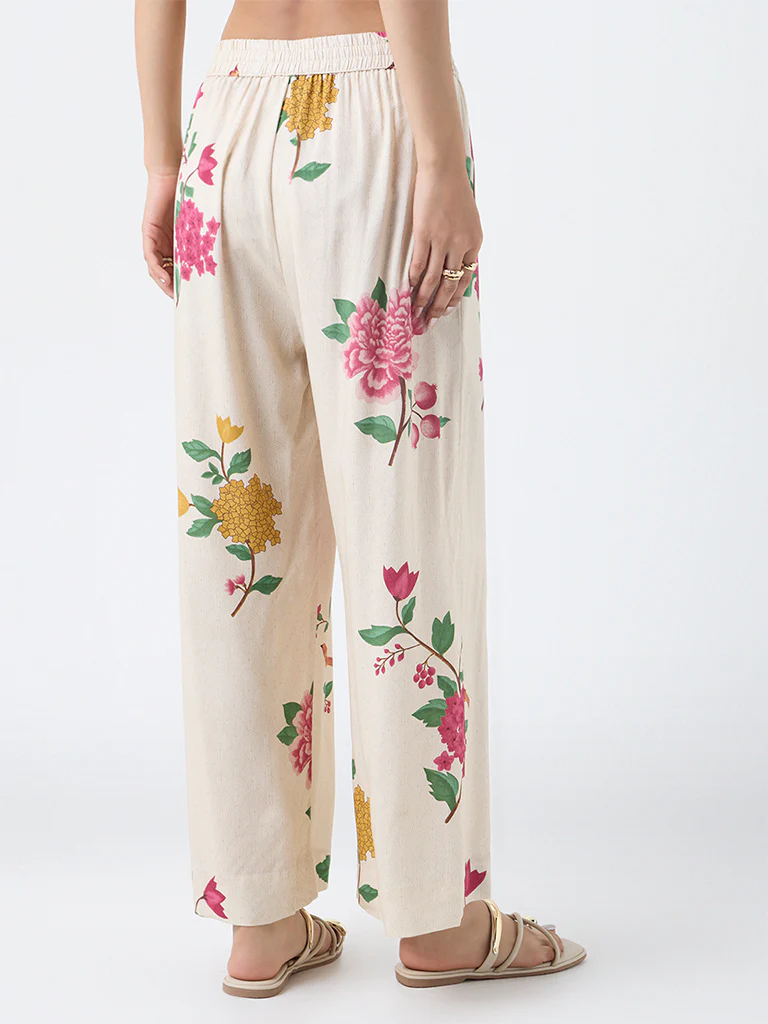 Utsa Cream Botanical Design Pants - Image 4