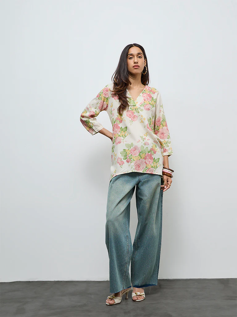 Utsa Cream Botanical Design Tunic - Image 2