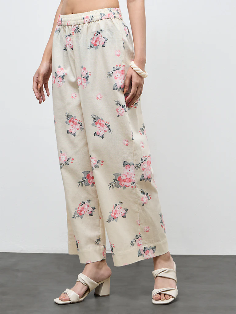 Utsa Cream Floral Design Cotton-Blend Pants
