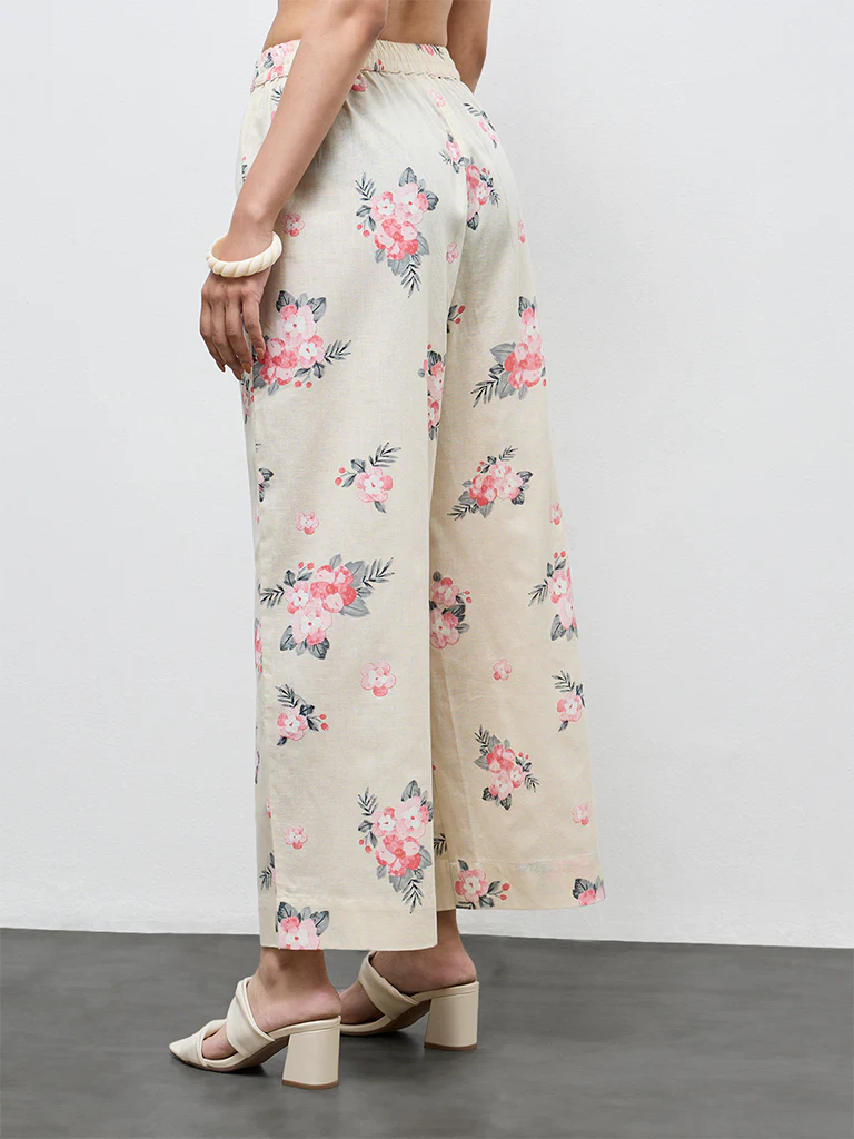 Utsa Cream Floral Design Cotton-Blend Pants - Image 4
