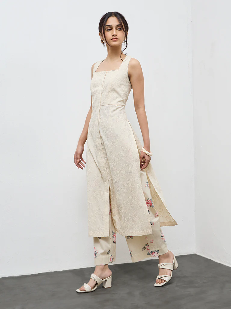 Utsa Cream Floral Embroidered A-Line Cotton Kurta - Image 2