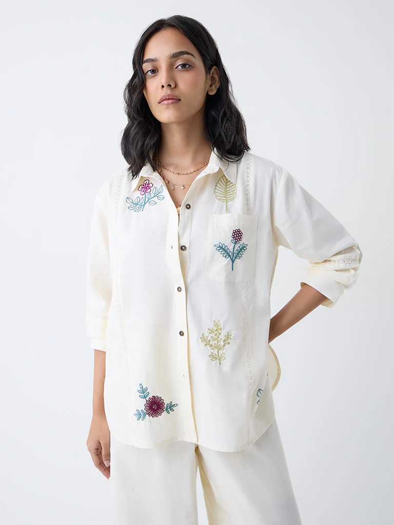 Utsa Cream Floral Embroidered Cotton Tunic