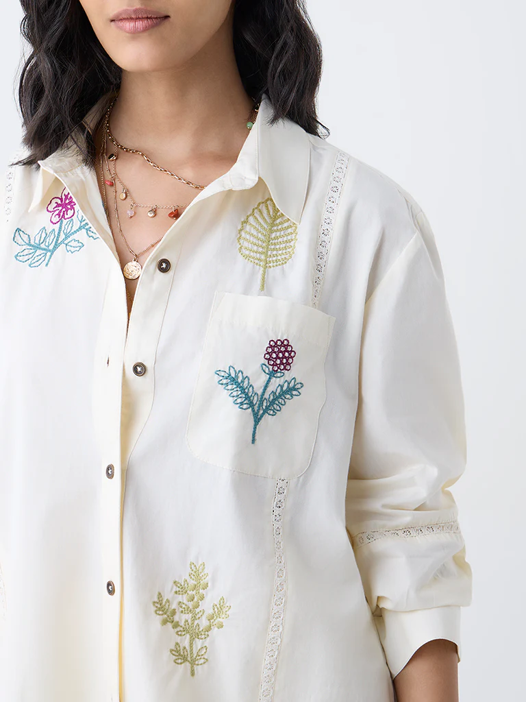 Utsa Cream Floral Embroidered Cotton Tunic - Image 3