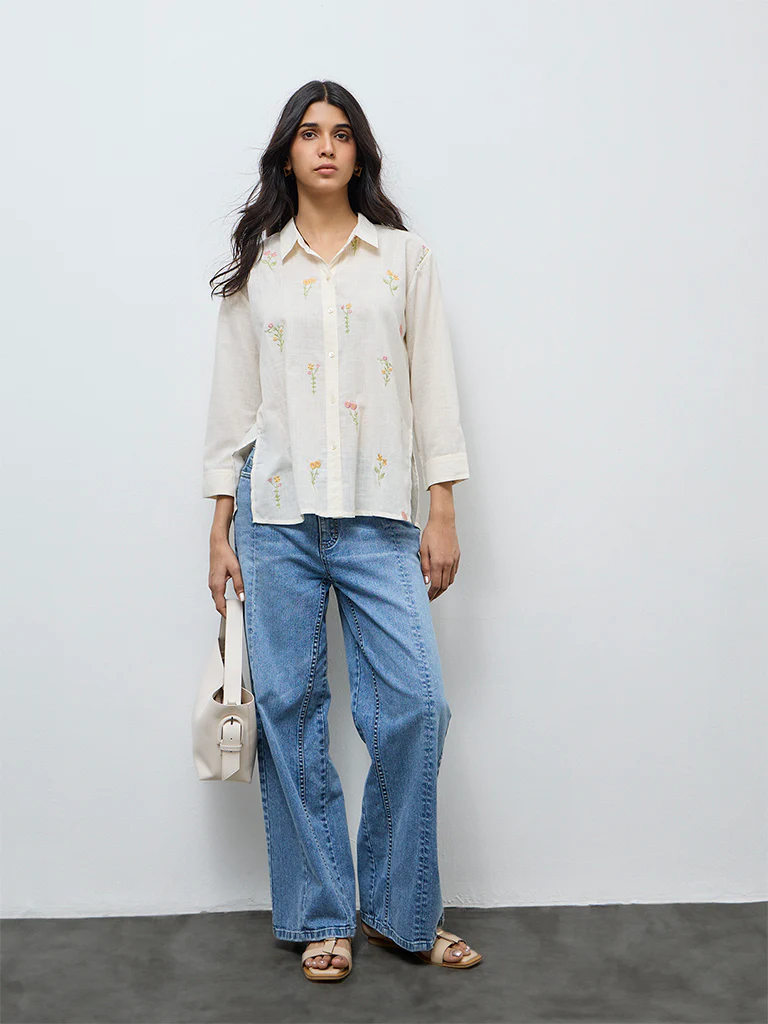 Utsa Cream Floral Embroidered Cotton Tunic - Image 2