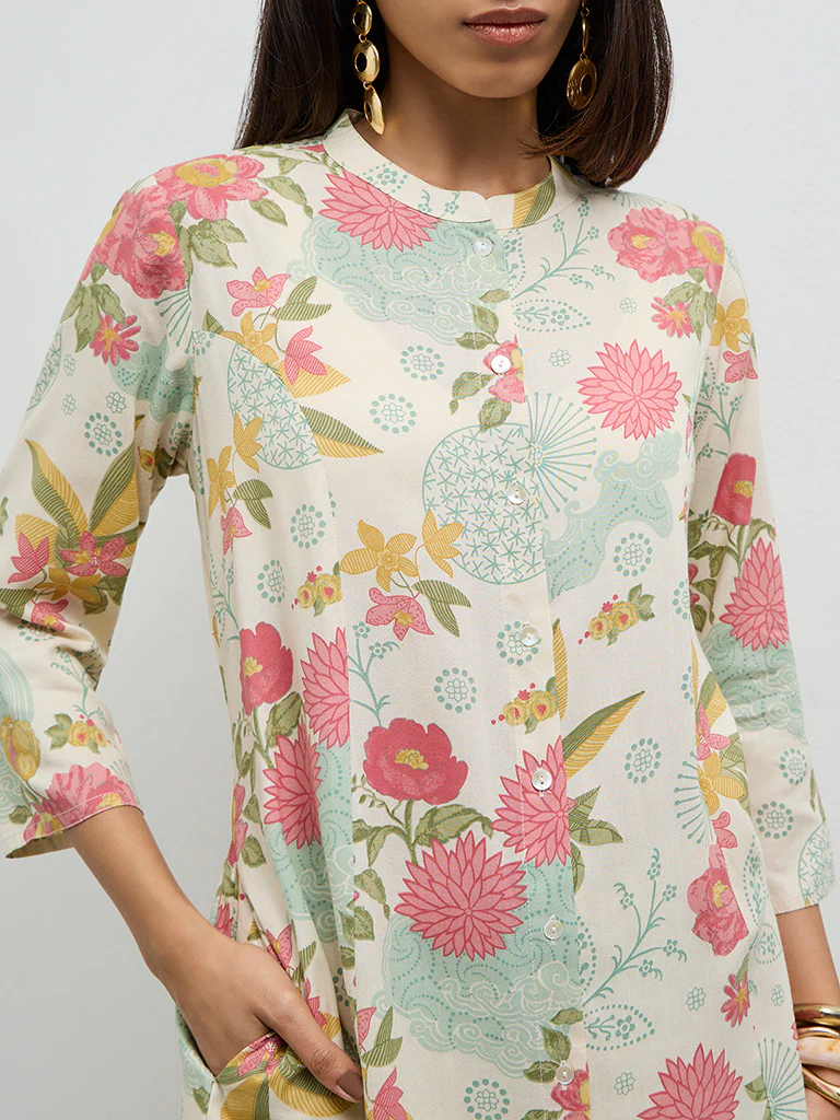 Utsa Cream Floral Printed A-Line Kurta - Image 3