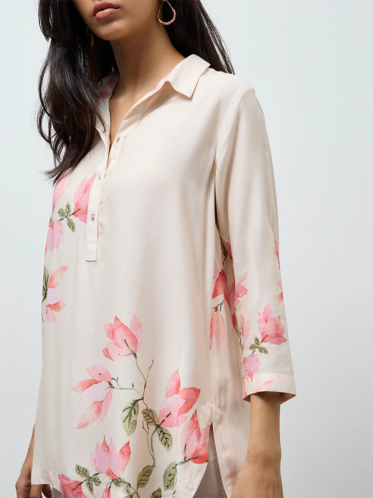 Utsa Cream Floral Printed Tunic - Image 3