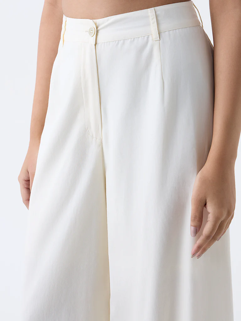 Utsa Cream Solid Cotton Ethnic Pants - Image 3