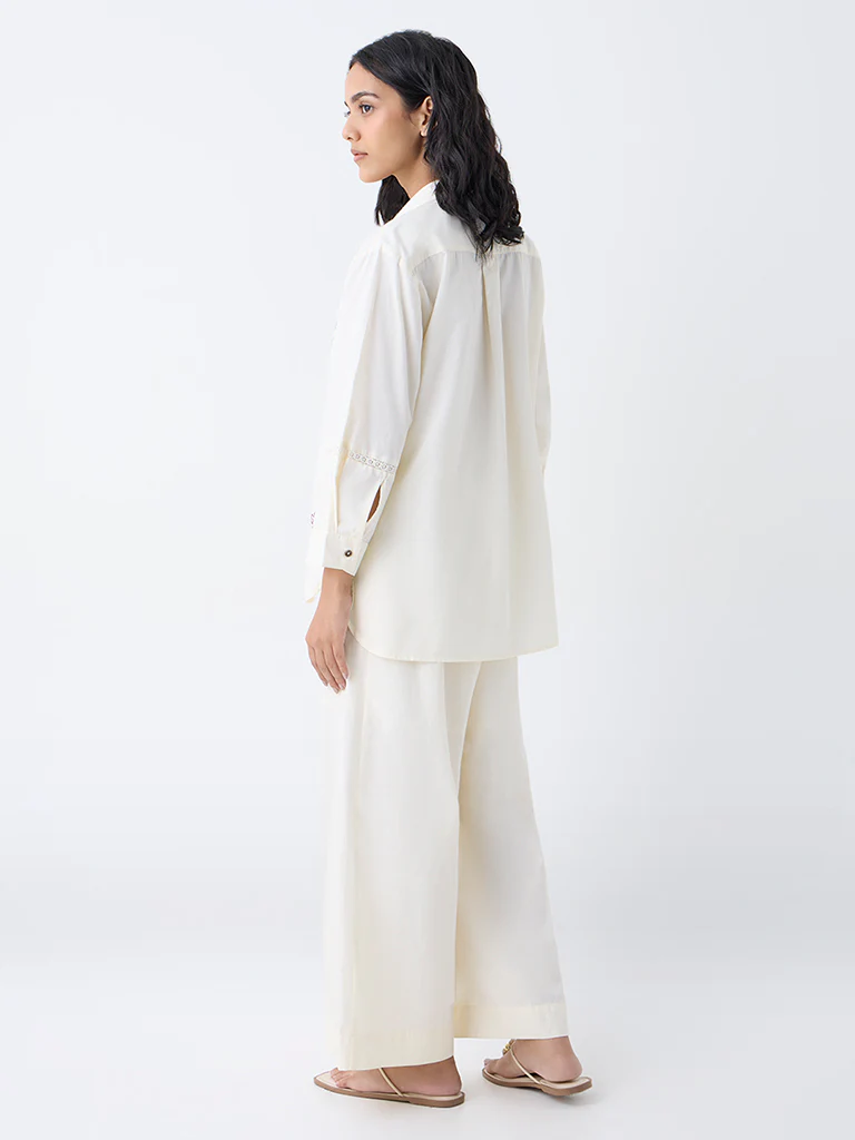 Utsa Cream Solid Cotton Ethnic Pants - Image 4