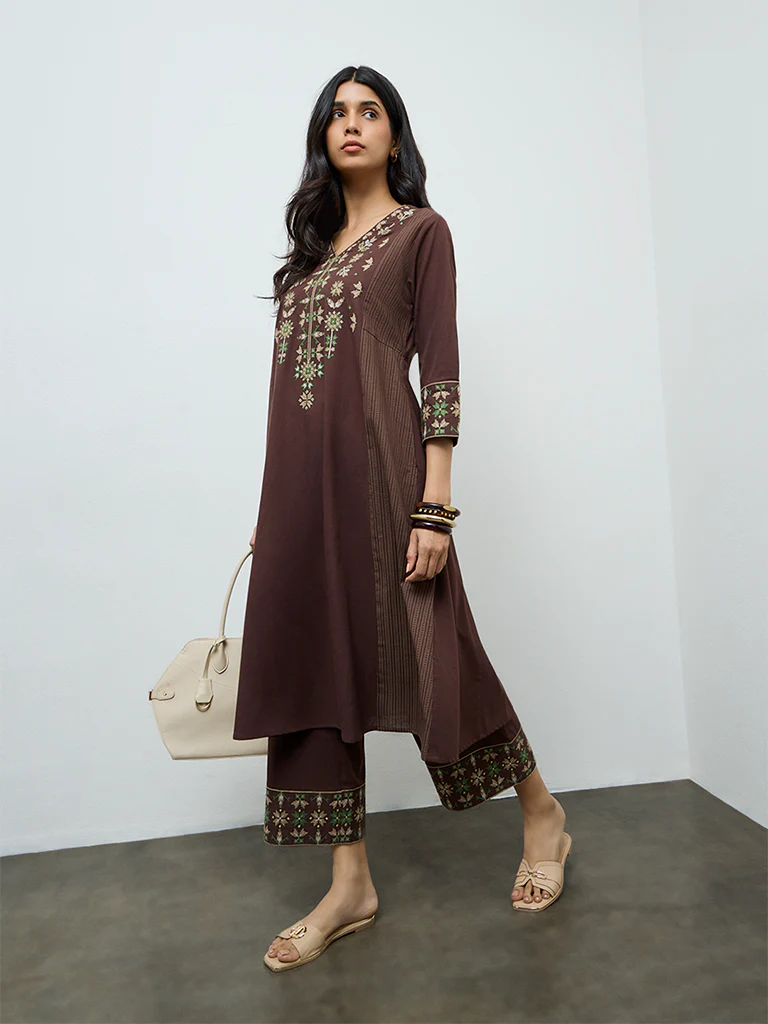 Utsa Dark Brown Aztec Embroidered Cotton-Blend A-Line Kurta - Image 2