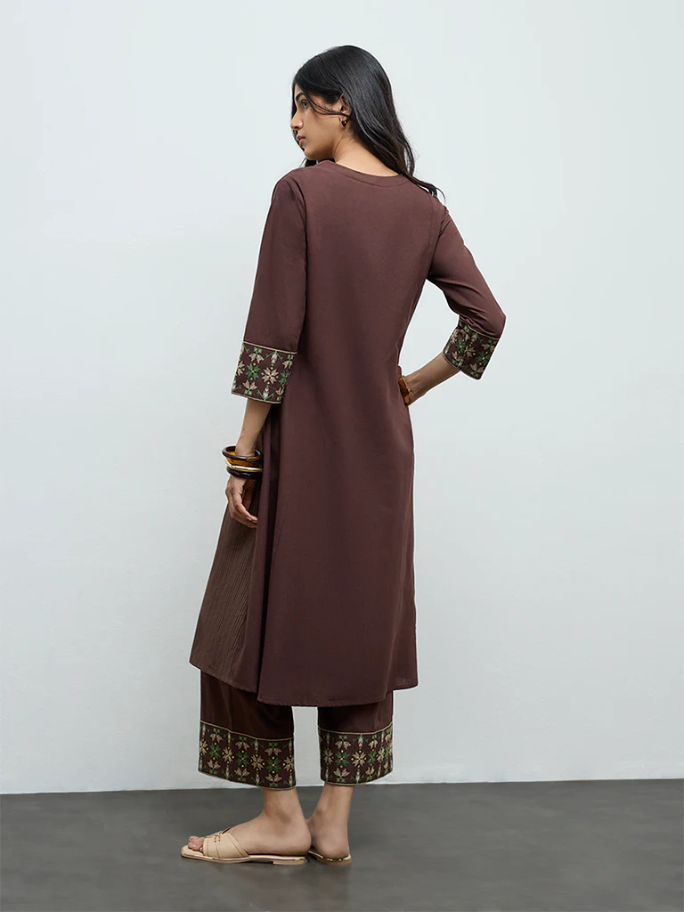 Utsa Dark Brown Aztec Embroidered Cotton-Blend A-Line Kurta - Image 4