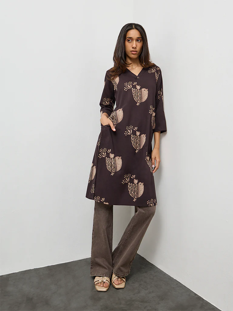 Utsa Dark Brown Bird Print Cotton Straight Kurta - Image 2