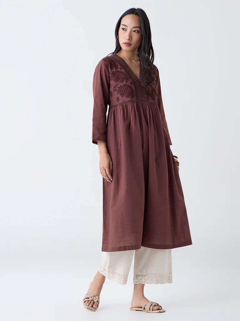 Utsa Dark Brown Embroidered Fit-and-Flare Cotton Kurta - Image 2
