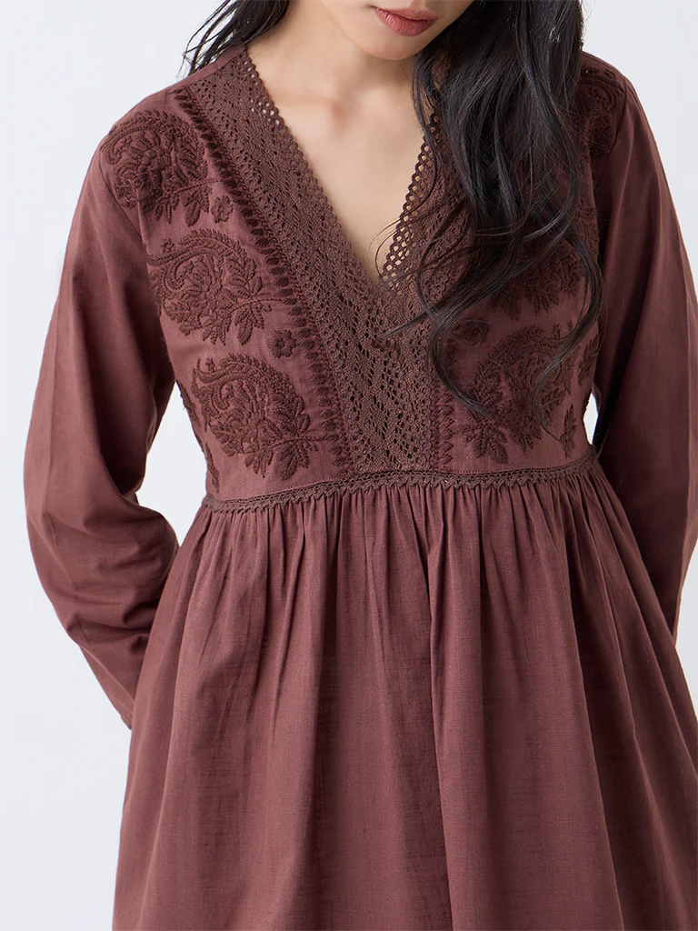 Utsa Dark Brown Embroidered Fit-and-Flare Cotton Kurta - Image 3