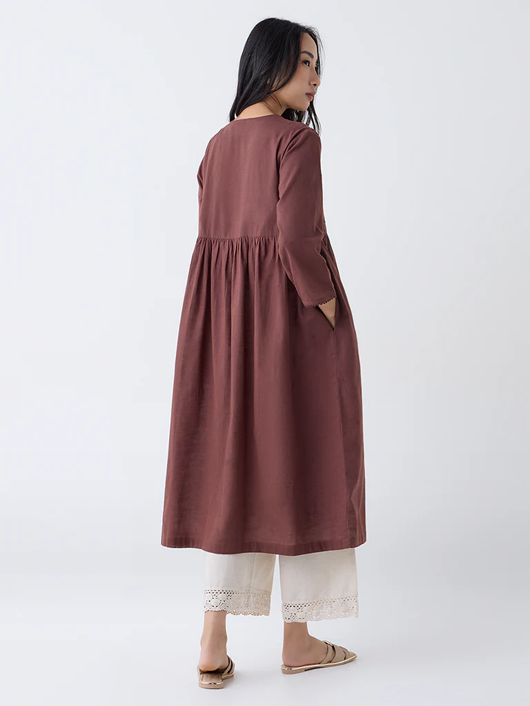 Utsa Dark Brown Embroidered Fit-and-Flare Cotton Kurta - Image 4
