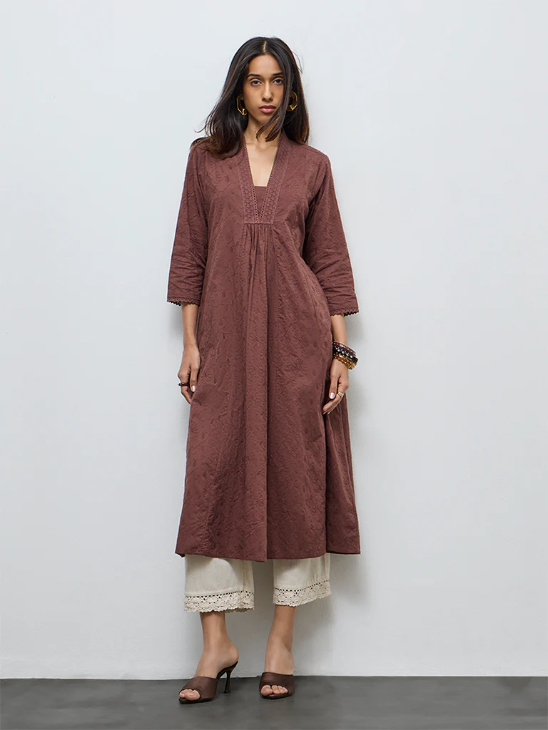 Utsa Dark Brown Floral Embroidered Cotton A-Line Kurta