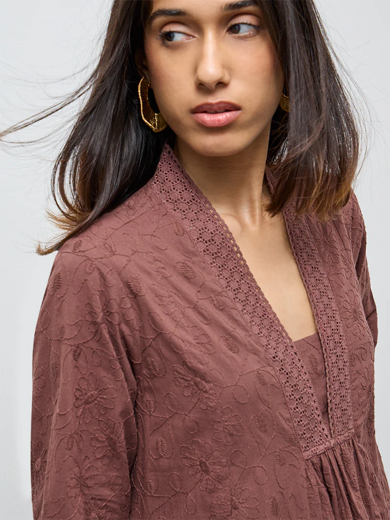 Utsa Dark Brown Floral Embroidered Cotton A-Line Kurta - Image 3