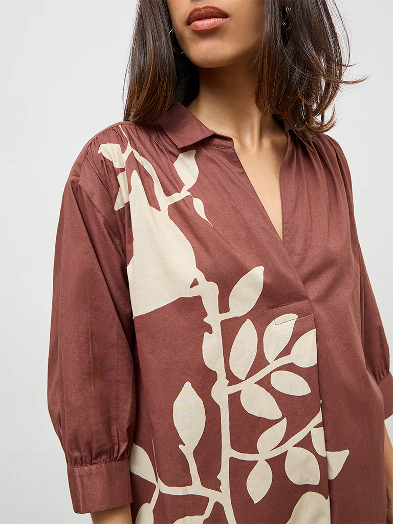 Utsa Dark Brown Foliage Printed Cotton A-Line Kurta - Image 3