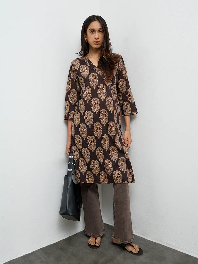 Utsa Dark Brown Paisley Printed Cotton Straight Kurta