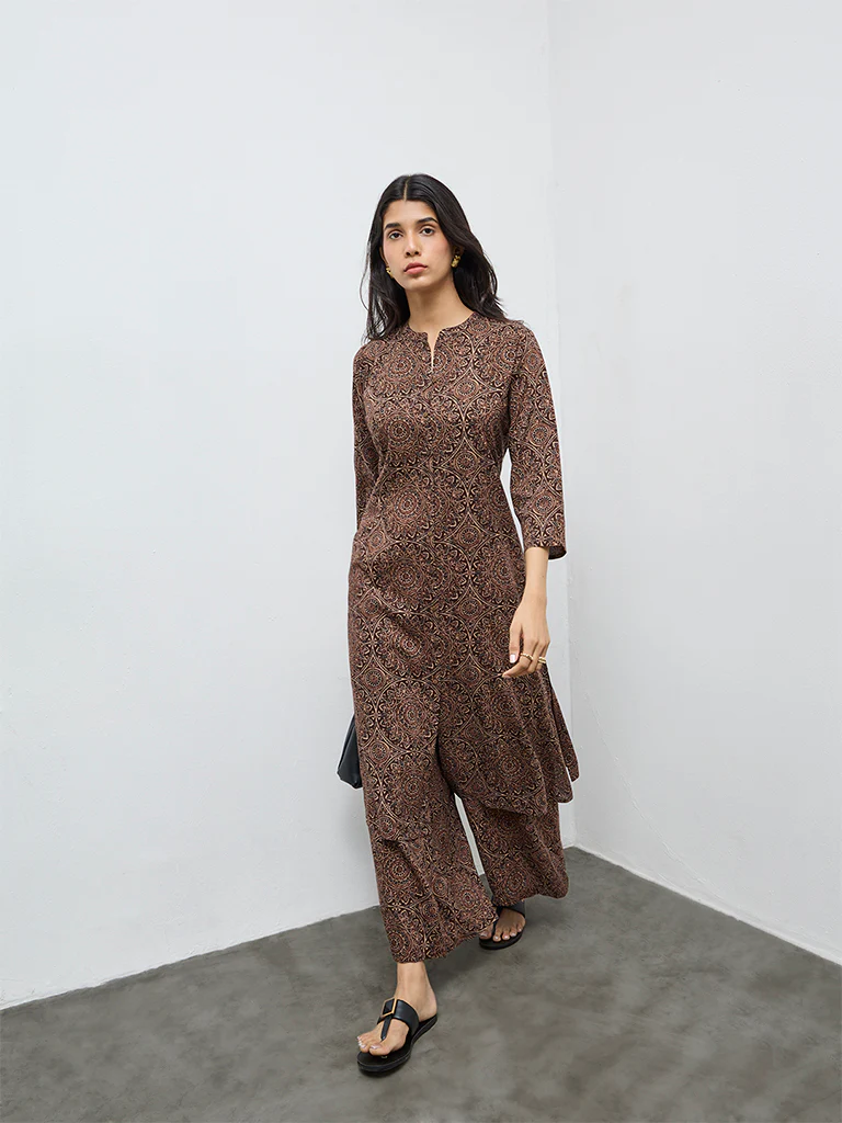 Utsa Dark Brown Printed A-Line Kurta - Image 2