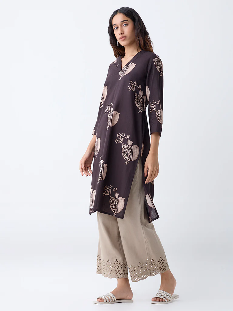 Utsa Dark Brown Printed Cotton Straight Kurta - Image 2